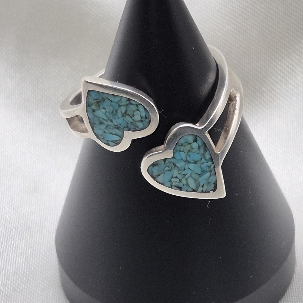 Sterling Silver Double Heart Ring with Turquoise Chips Inlay Adjustable Bypass